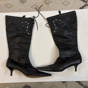 Lace up leather and rhinestone boots - kitten heel